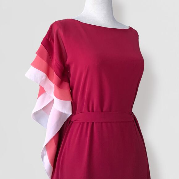 Vince Camuto Ruffle Midi Dress Sz 12 Pink Red Coral White Preppy Grecian Goddess - Picture 3 of 9